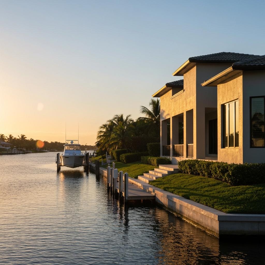 Will Cape Coral Florida House Prices Go Up or Down in 2026? Cachon Realty Group - Your Home Sold Guaranteed - Beautiful waterfront home at sunset, reflecting on the stable Cape Coral Florida house prices for luxury properties with canal access and a boat dock.