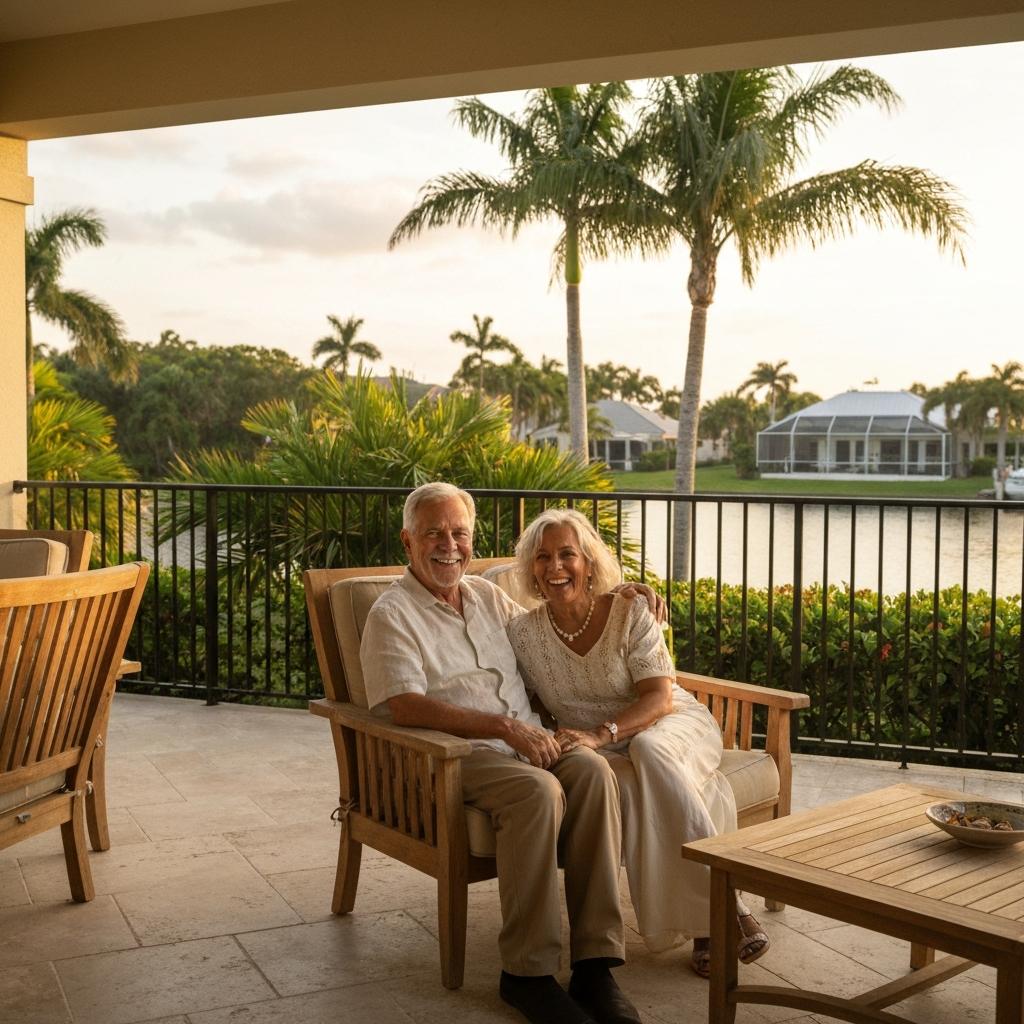 What Current Pricing Strategies Are Most Effective for Selling Homes in Naples FL? Content older couple relaxing on a luxury lanai after using effective home pricing strategies to sell their house in Naples, Florida.
