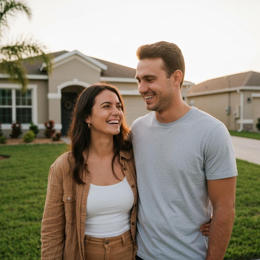 What Are the Most Affordable Neighborhoods in Naples for First-Time Homebuyers? Joyful first-time homebuyers, a young couple, stand proudly in front of their affordable new single-family home in a sunny Naples, Florida suburb.