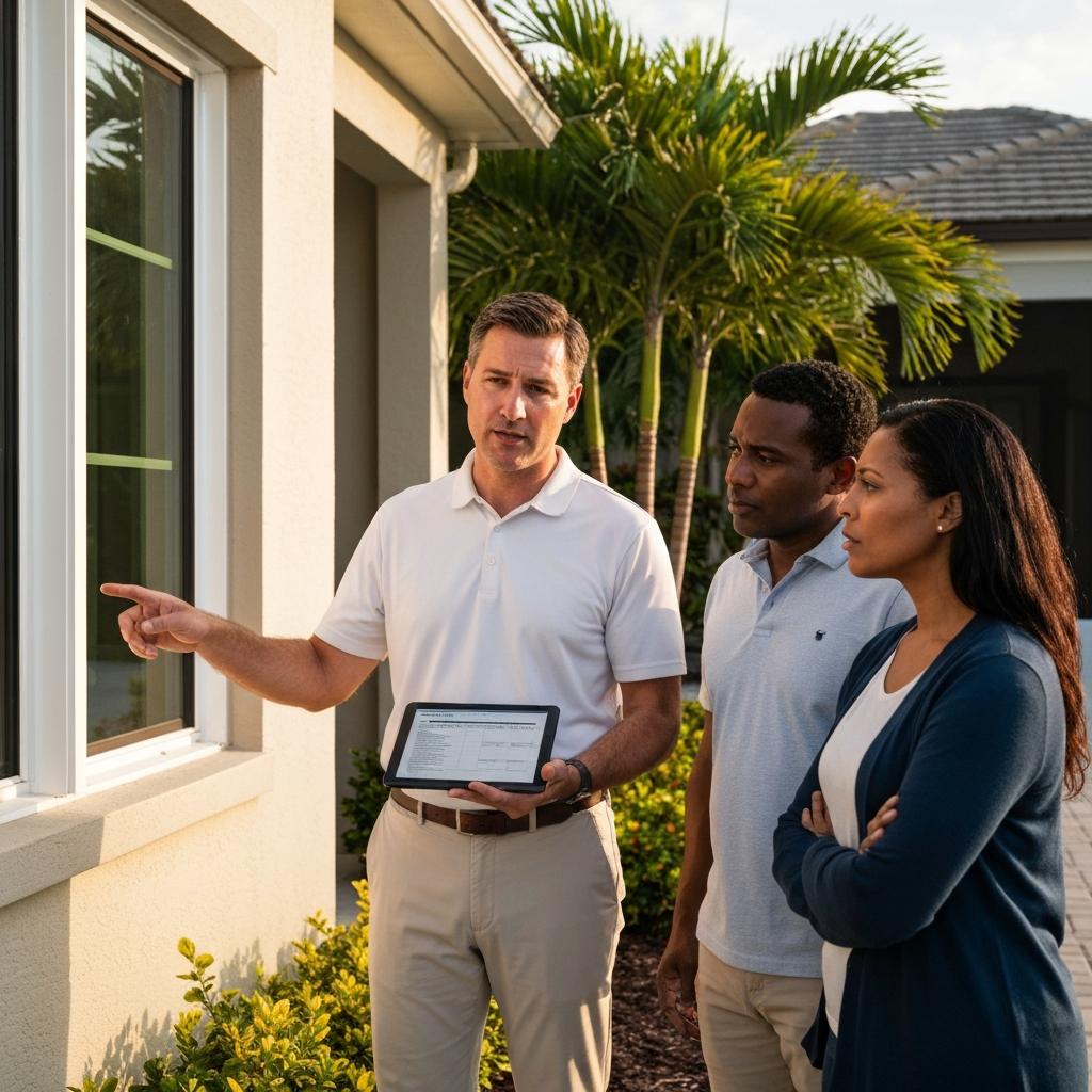 Cachon Realty Group - Your Home Sold Guaranteed. Will Fort Myers Florida House Prices Go Up or Down in 2026? Knowledgeable real estate expert discusses Fort Myers Florida house prices with a couple while inspecting a home's hurricane-rated windows.