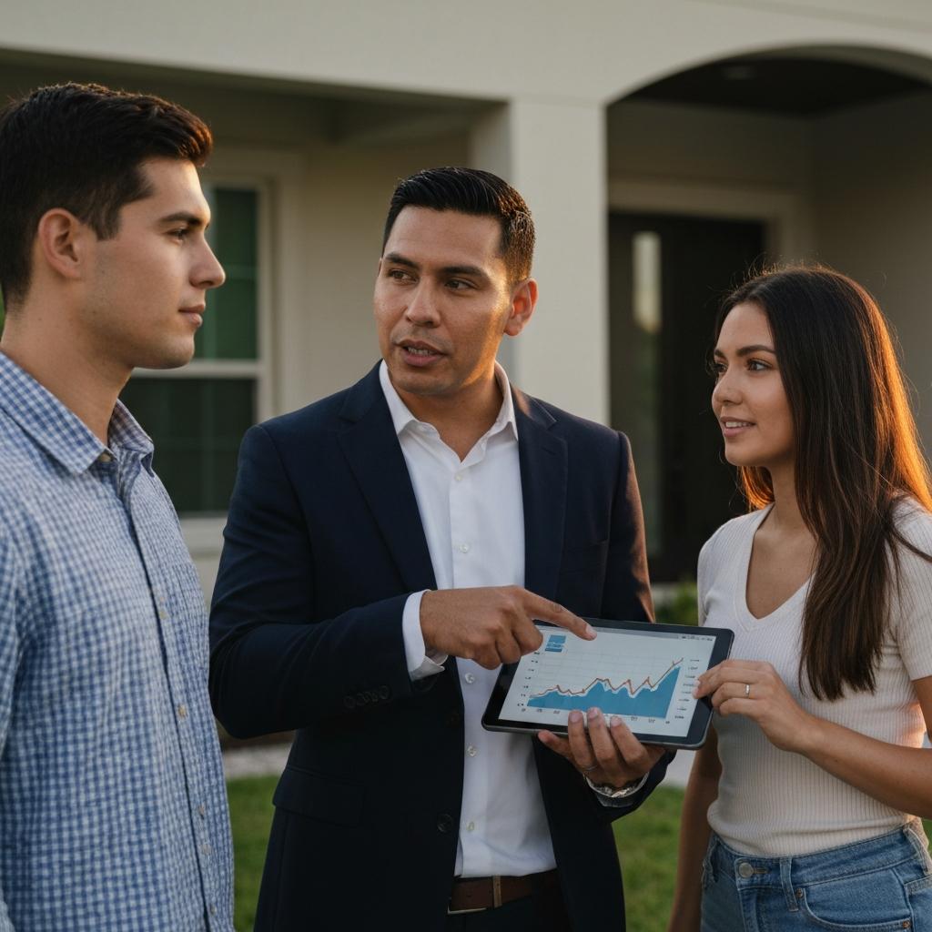 Cachon Realty Group - Your Home Sold Guaranteed Expert real estate agent discusses Fort Myers Florida house prices with a young couple in front of a modern home, reviewing market data on a tablet.