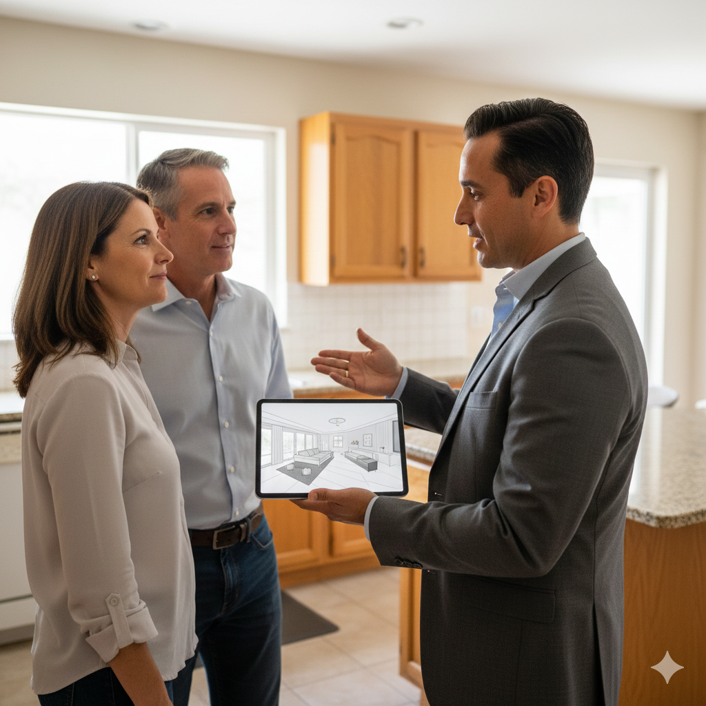 Cachon Realty Group - Your Home Sold Guaranteed - What Increases the Value of a Home in Naples FL the Most? Knowledgeable Naples real estate expert advises a homeowner couple on a kitchen remodel to increase their home value, showing potential on a tablet.