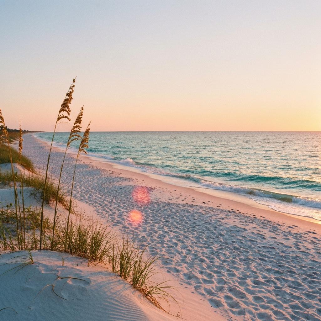 What Are the Pros and Cons of Living in Bonita Springs, Florida? Cachon Realty Group - Your Home Sold Guaranteed Serene sunset over the white sands of Barefoot Beach, a top pro of living in Bonita Springs, Florida, with calm Gulf waters and golden light.