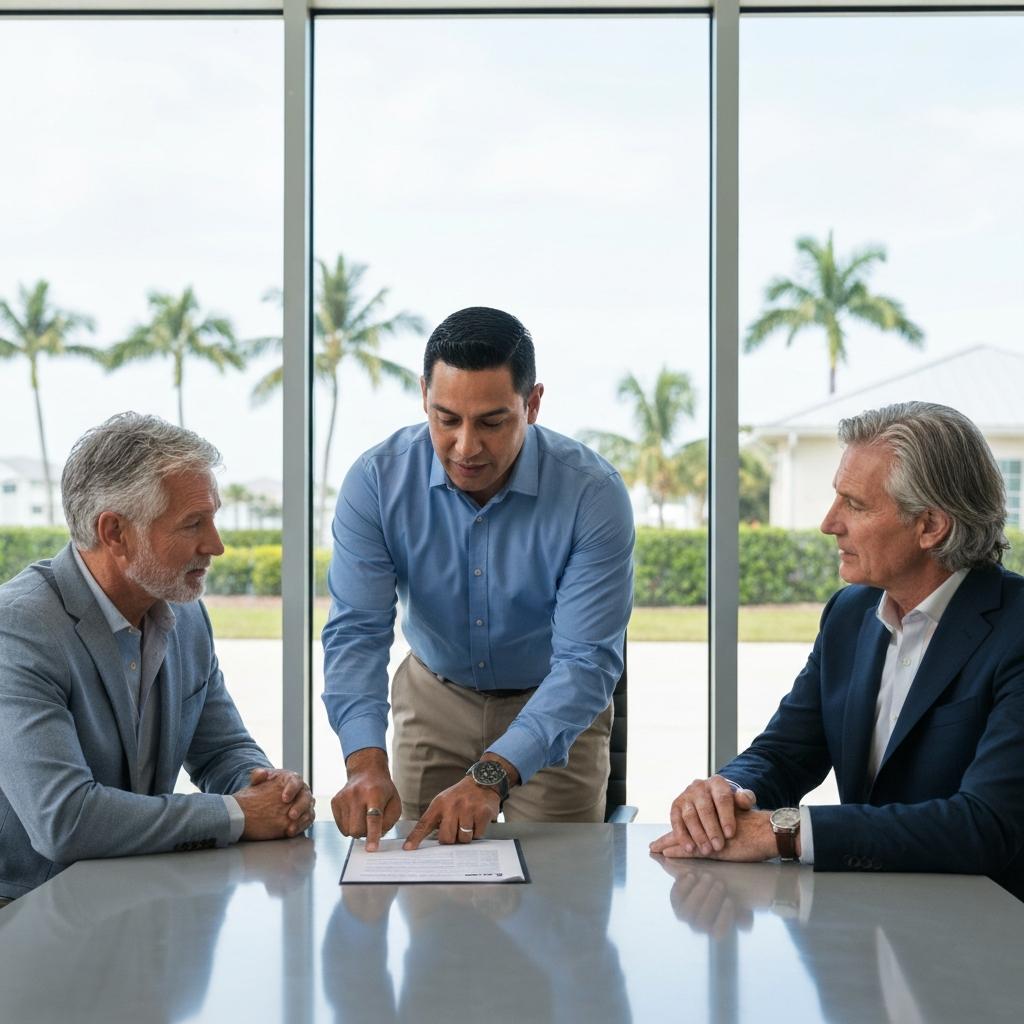 Cachon Realty Group - Your Home Sold Guaranteed - What Are the Pros and Cons of Living in Bonita Springs, Florida? Expert real estate agent explaining the pros and cons of living in Bonita Springs, Florida to a mature couple in a modern waterfront office.