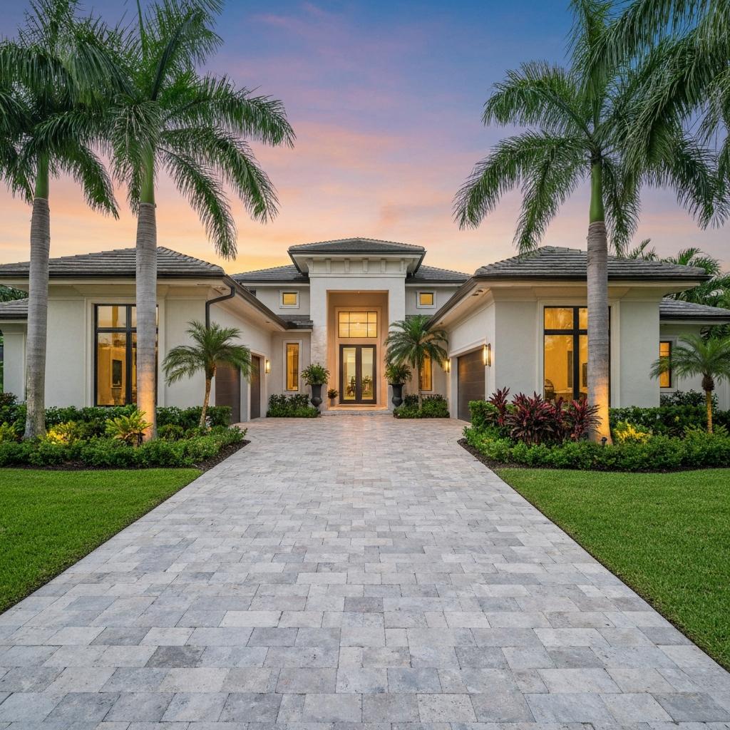 How Do Online Search Ranges Affect Who Sees Your Home in Naples? Elegant luxury Naples home with exceptional curb appeal and tropical landscaping, illuminated by the warm glow of a golden hour sunset in Naples, Florida.