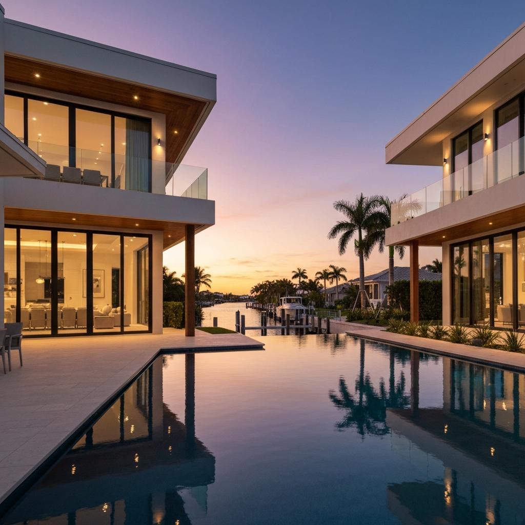 Modern luxury waterfront home in Naples, Florida during a beautiful golden hour sunset, representing the best place to buy a home in Southwest Florida.