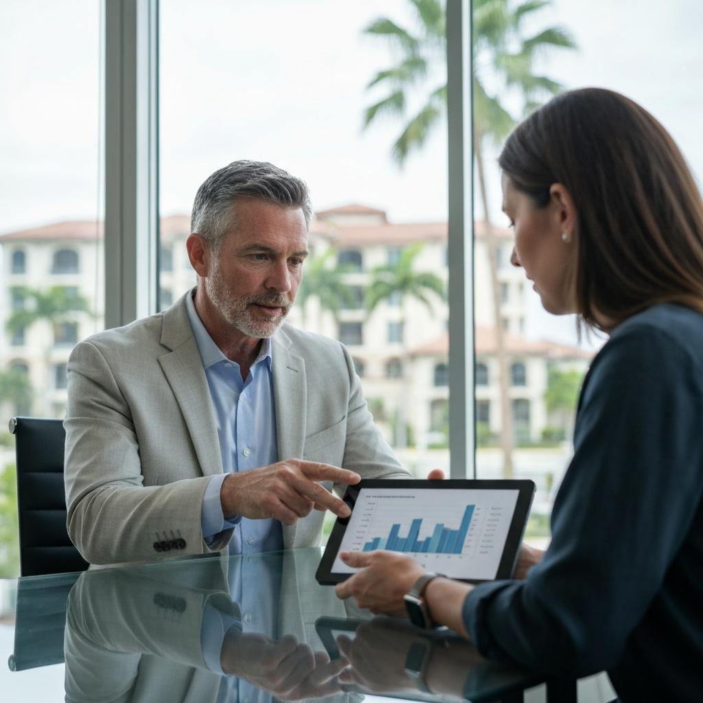 What Is the Current Inventory Level in the Naples Florida Housing Market? Professional real estate agent discusses Naples Florida housing market inventory data on a tablet with an engaged female client in a modern office.