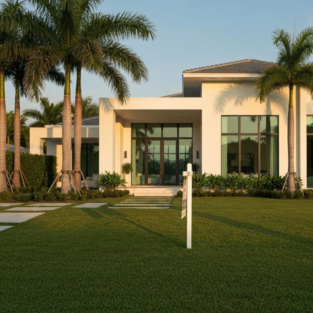 What Is the Current Inventory Level in the Naples Florida Housing Market? Stunning modern luxury home with a clean 'For Sale' sign on the lawn, showcasing the current inventory in the Naples Florida housing market.