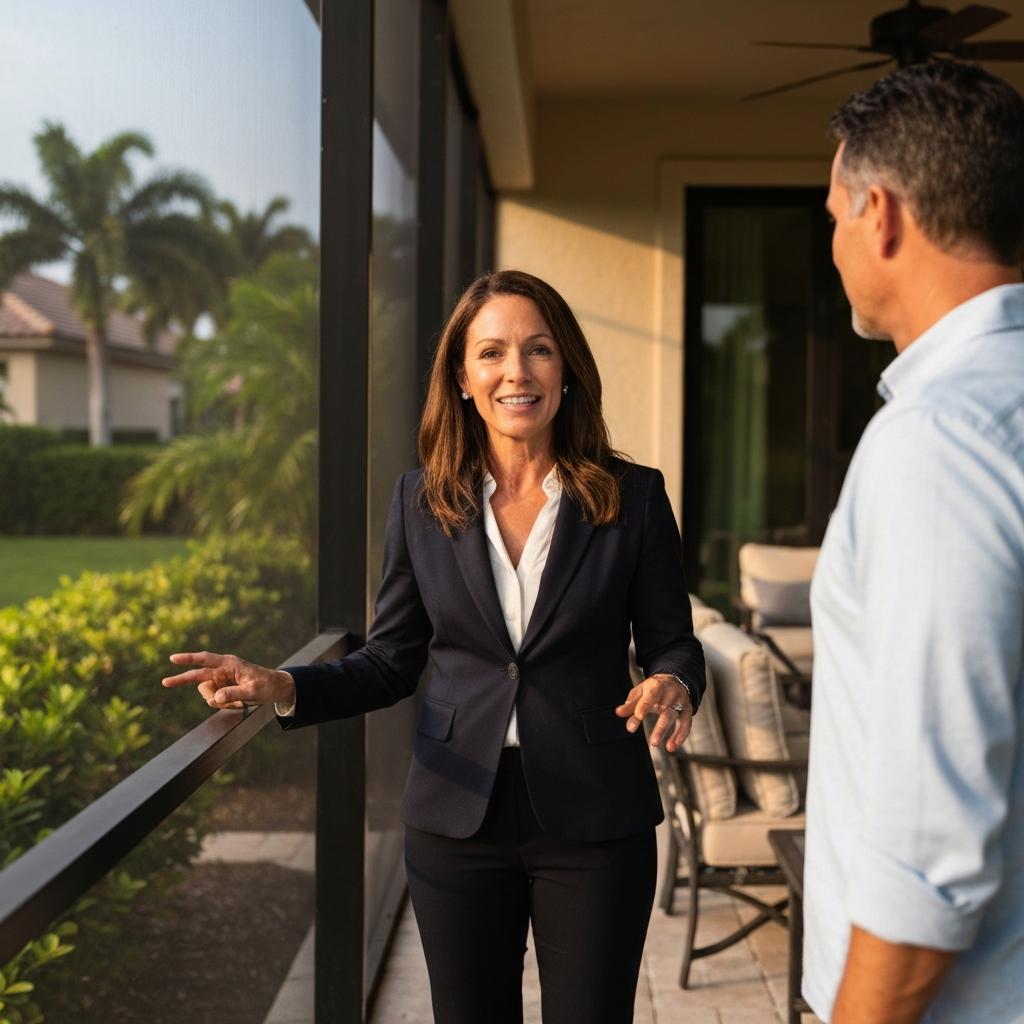 Cachon Realty Group - Your Home Sold Guaranteed. How Long Do Most Houses Take To Sell in Naples Florida? Knowledgeable Naples real estate agent discusses a luxury home's lanai features with a client, a key factor in how long houses take to sell.