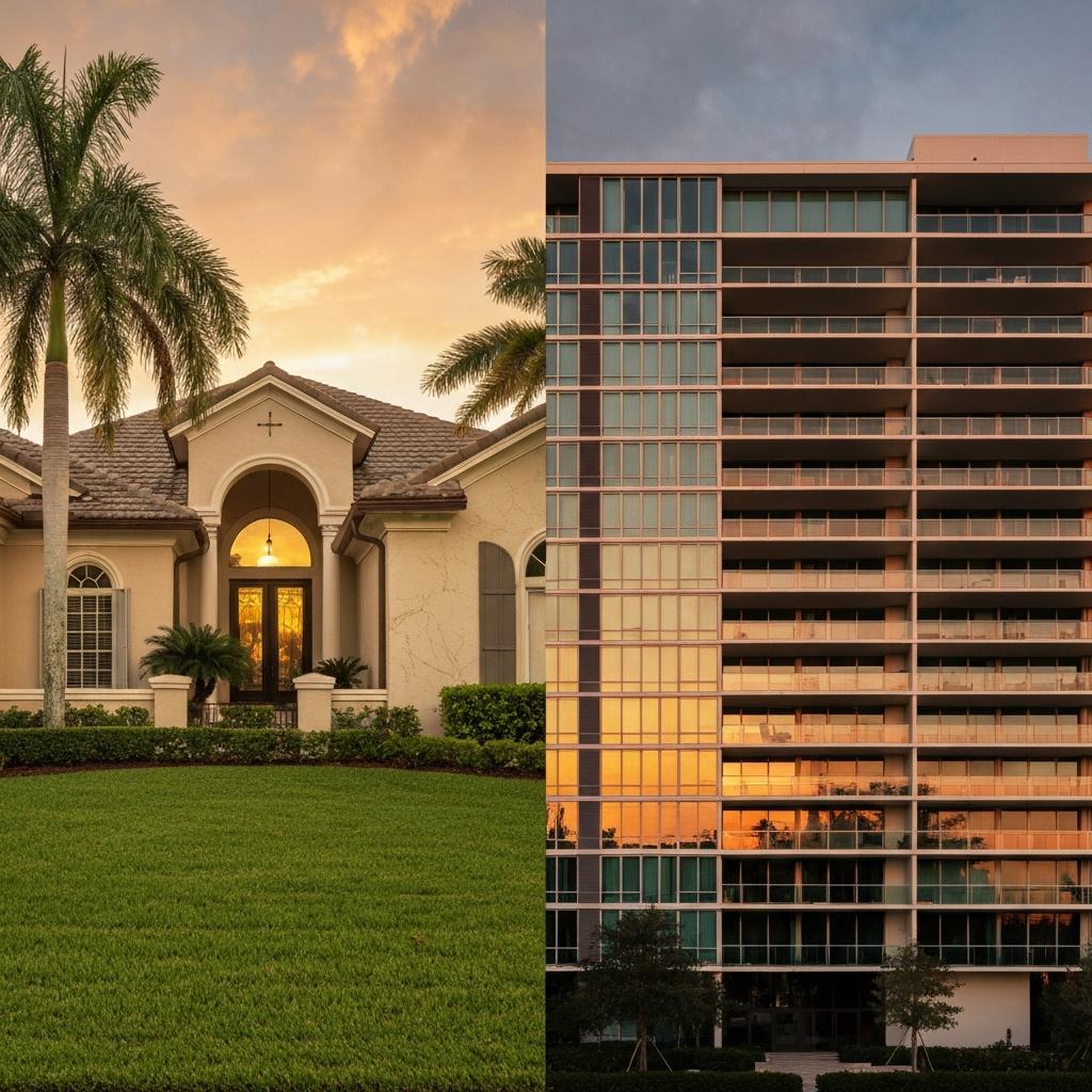 How Have Naples Home Prices Changed in 2025 and Early 2026 Split image illustrating Naples home prices, with a luxurious single-family home on one side and a modern high-rise condo on the other in Naples, FL.