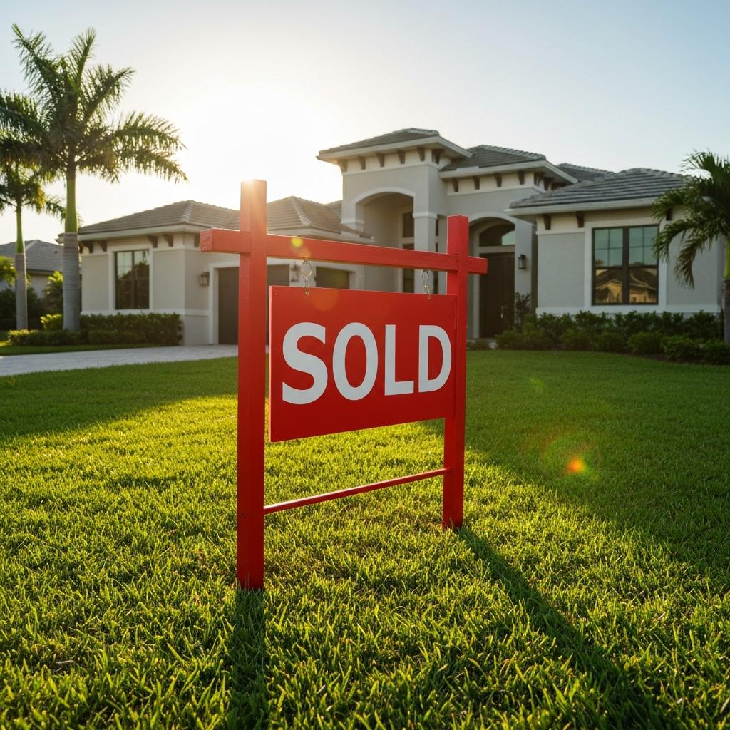 How Have Naples Home Prices Changed in 2025 and Early 2026. A bright red 'SOLD' sign stands on the lawn of a luxury single-family home, reflecting the changing Naples home prices in a sunny Florida suburb.