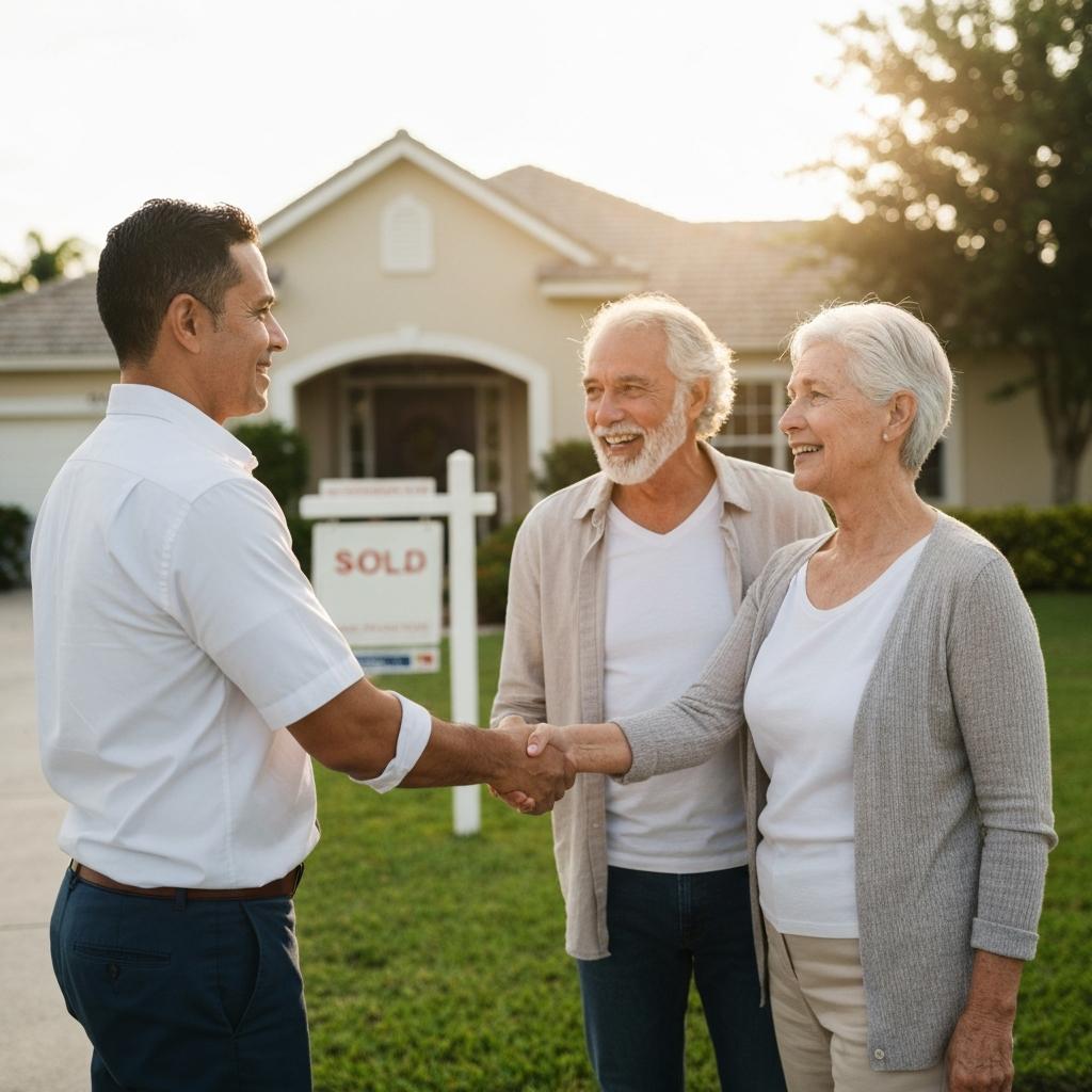 What Percentage of Naples Home Sales Occur in the Under $500,000 Price Range? Expert realtor congratulates a happy senior couple on their successful Naples home sale under $500,000 in front of their house.