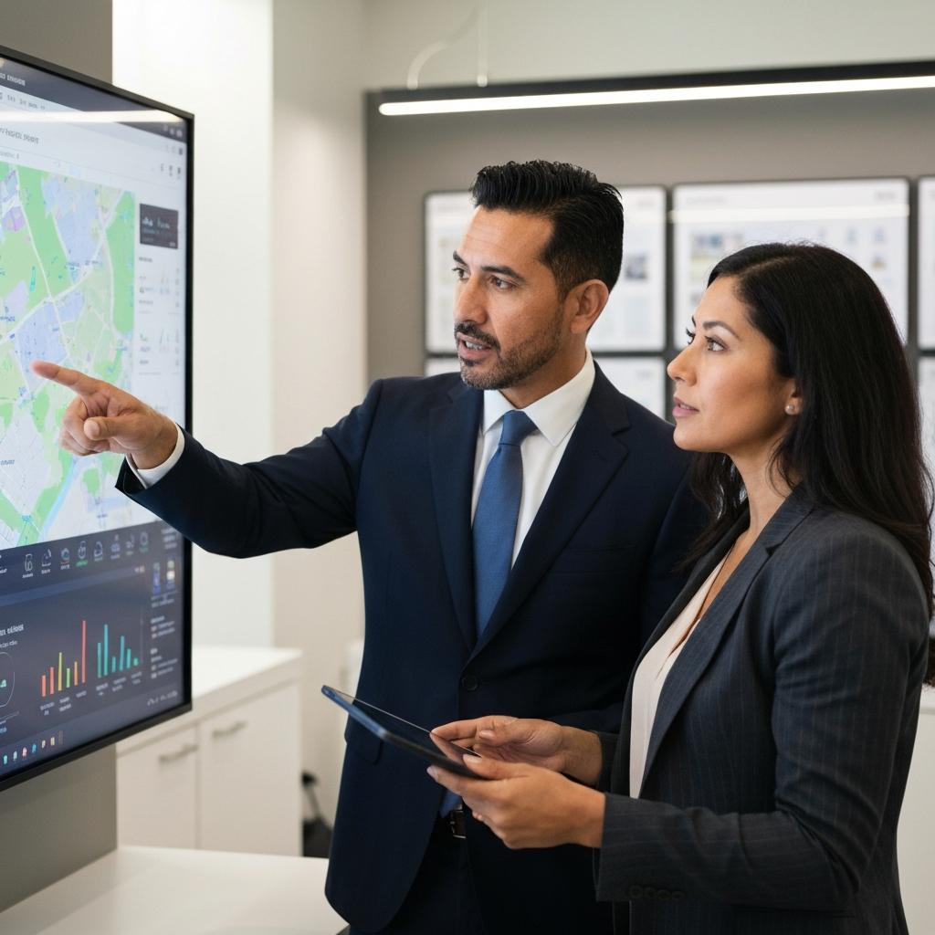 How Do You Know If Your Home Is Overpriced? Professional Naples real estate experts, a man and a woman, collaborating on home pricing strategy using market data in a modern Florida office.