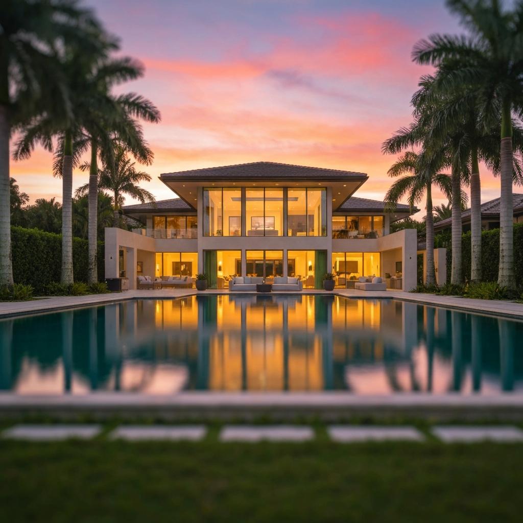 How Do Online Search Ranges Affect Who Sees Your Home in Naples? Photorealistic image of a luxury Naples, Florida home at dusk, with a shallow depth of field effect symbolizing online search ranges limiting visibility.