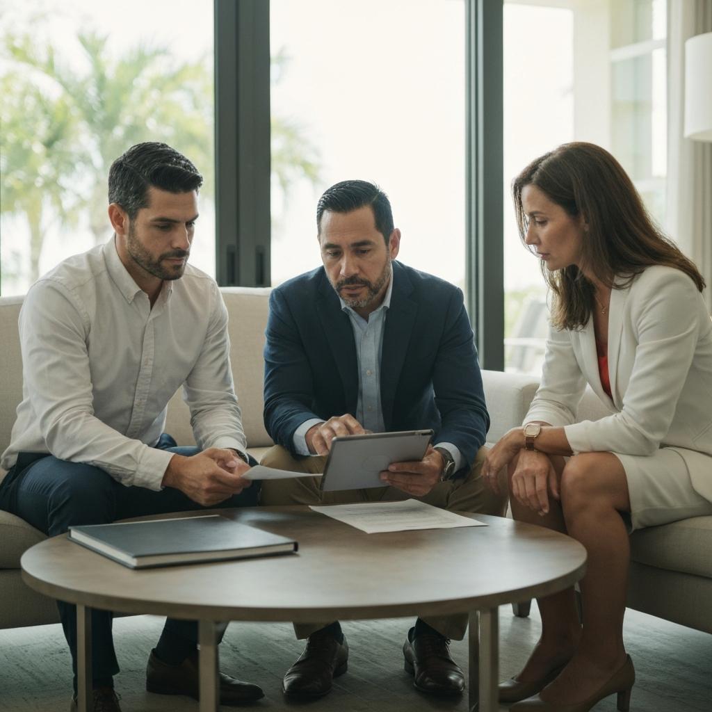 How To Negotiate for the Best Deal on a House in Naples FL in 2026 Professional real estate agent discussing a home contract with clients to negotiate the best deal on a house in a luxury home in Naples, Florida.