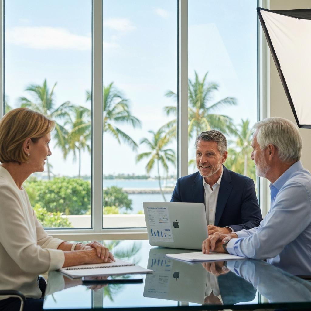 What Current Pricing Strategies Are Most Effective for Selling Homes in Naples FL? Professional real estate agent discusses effective pricing strategies for selling homes in Naples, FL with a mature couple using market analysis.