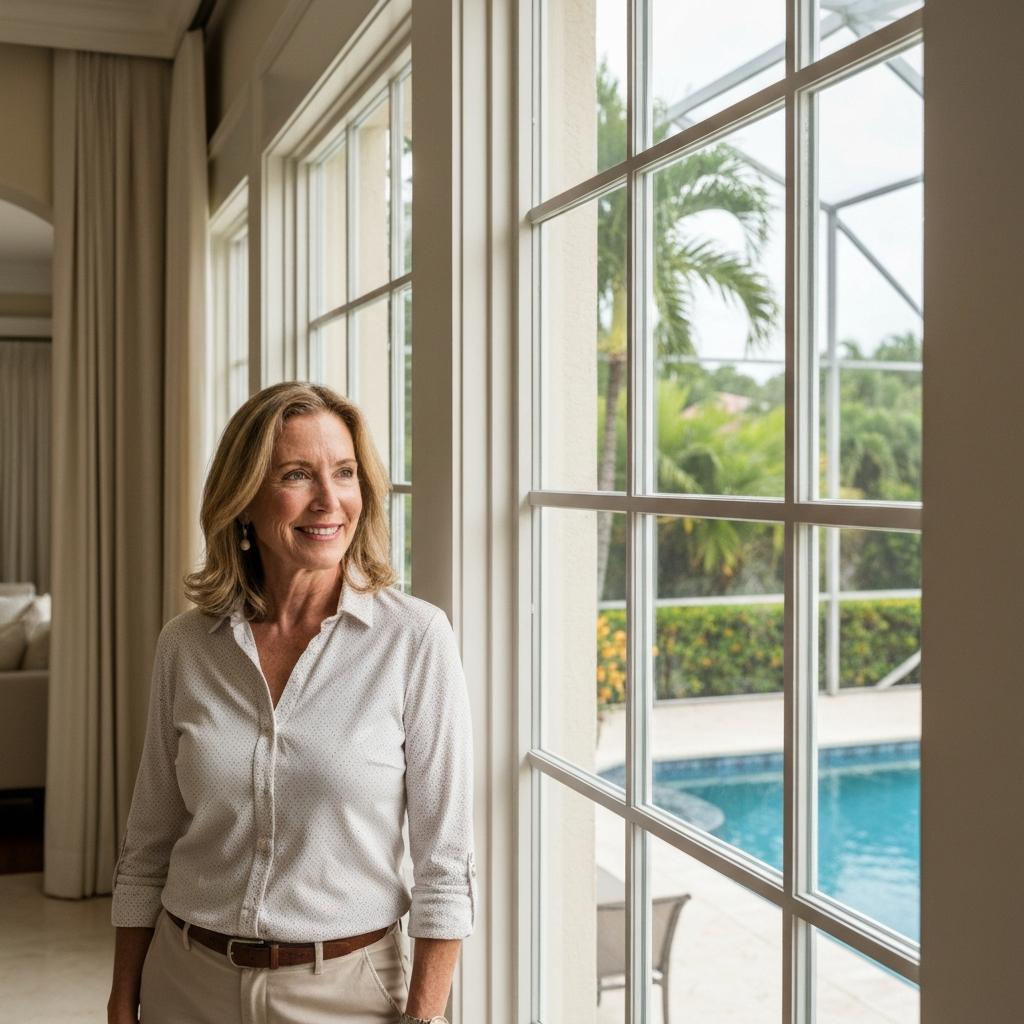 How To Sell a House in Naples Florida in 2026 Elegant female homeowner stands by a large window, confidently prepared to sell a house in Naples FL after making strategic home upgrades.