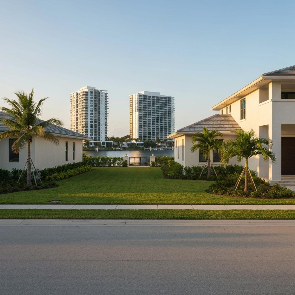 Single-Family Homes Versus Condos: Does Property Type Affect Your Selling Timeline in Naples? Sun-drenched single-family home with a pool contrasting with a modern high-rise condo building in the background in Naples, Florida real estate.
