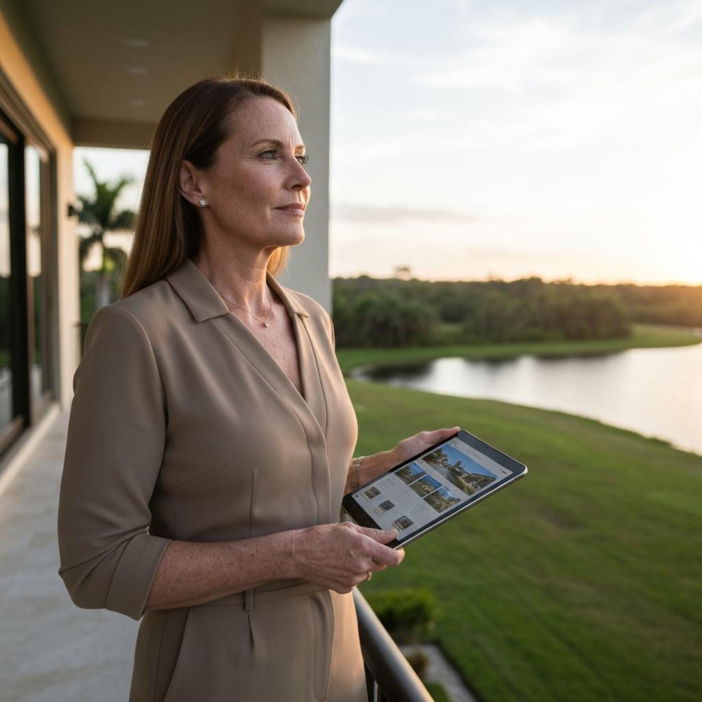 Confident woman plans her Southwest Florida home buying decision on a luxury lanai overlooking a beautiful nature preserve in Naples, Florida.